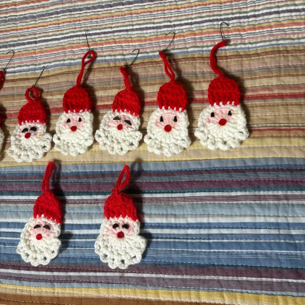 Vintage Handmade Crochet Santa Claus Christmas Ornaments Set of 8 Red White